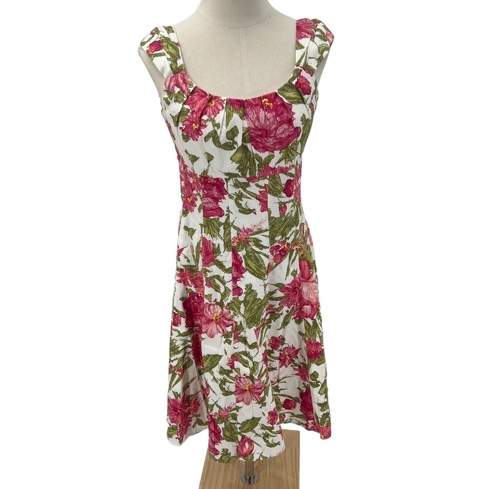 Suite 7 Floral Pink Green White Pleated Sleeveless Dress Size 4 Women's